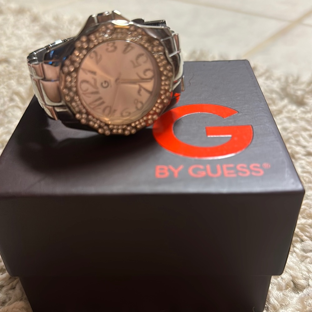 G by guess watch with heart bling around face. No stones missing.